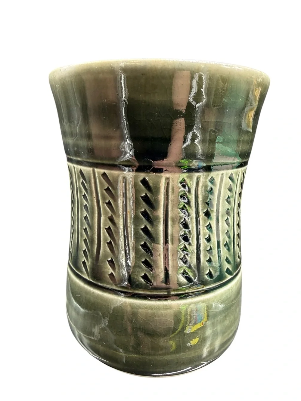 Studio Pottery Mug Green Drip Glaze Stoneware Coffee Cup Signed DTP J
